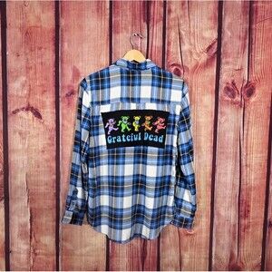 Upcycled Grateful Dead Bears Blue Plaid Flannel Shirt S
